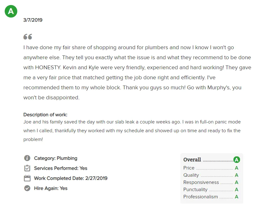 Testimonial 3 - Murphy & Sons Plumbing
